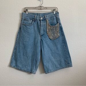 Sandro Paris womens Blue Button Long Bermuda Denim Shorts with dangly details 30